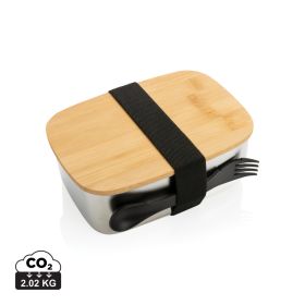 Matboks i rustfritt stål med lokk i bambus og spork