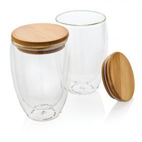 Dobbelvegget borosilikat glass med bambus lokk 350ml, 2stk
